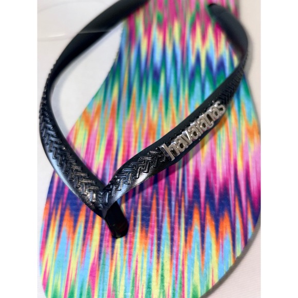 Havaianas Slim Multi Color Ikat Print Flip Flops Black Straps Womens 6 NEW - Picture 8 of 9
